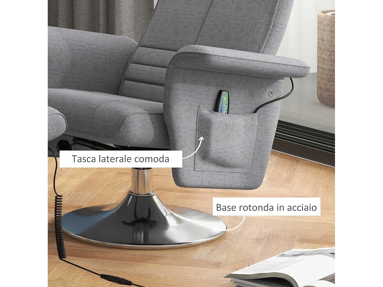 Poltrona massaggiante e reclinabile effetto lino grigio scuro