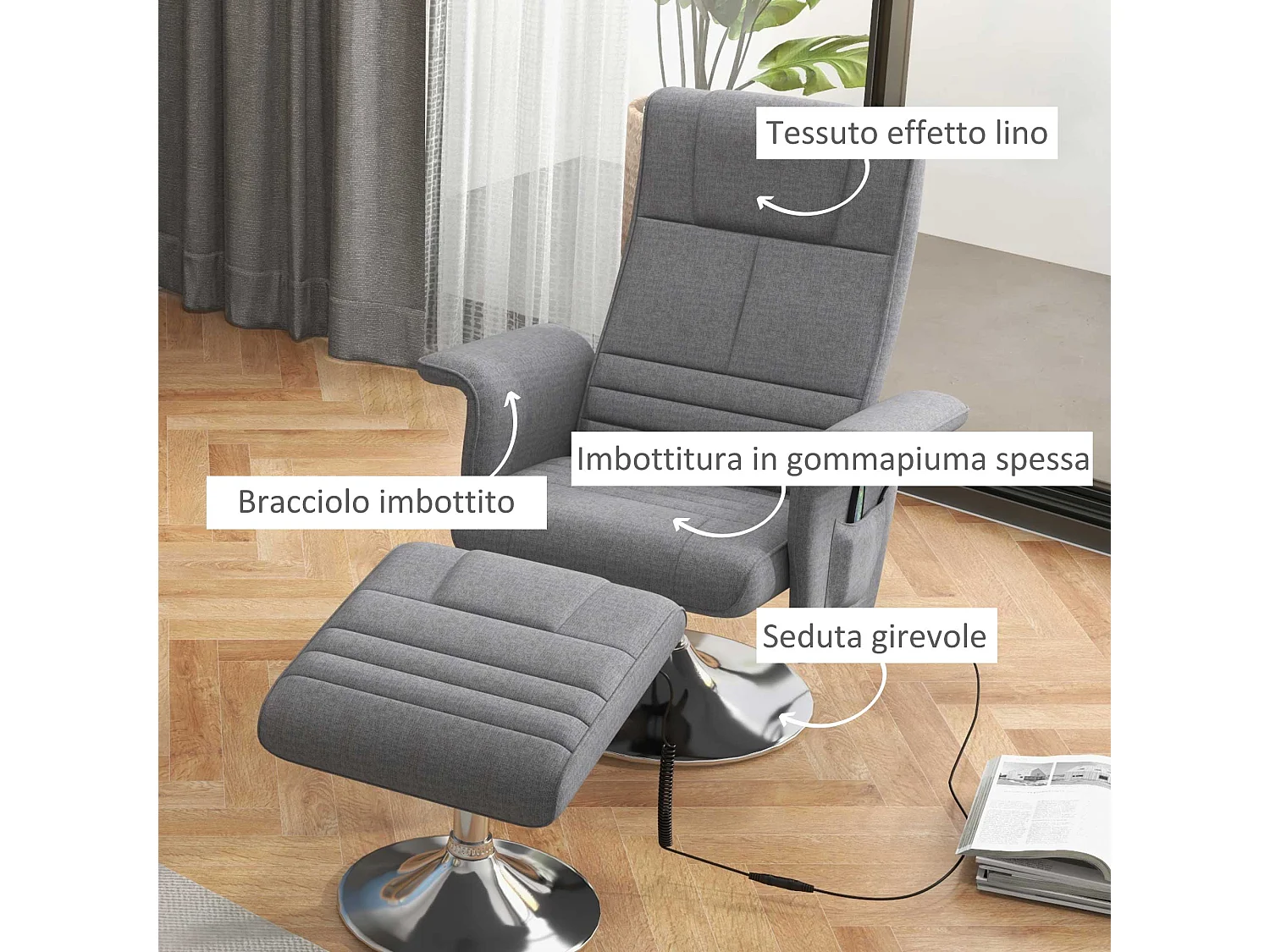 Poltrona massaggiante e reclinabile effetto lino grigio scuro