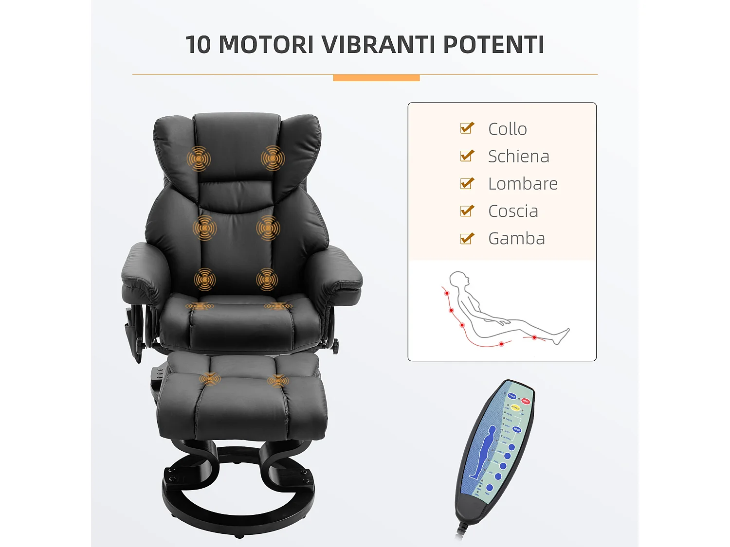 Poltrona massaggiante reclinabile e girevole con poggiapiedi nero