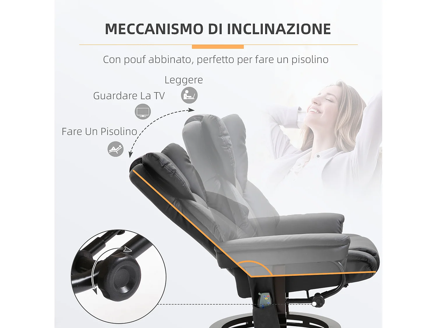 Poltrona massaggiante reclinabile e girevole con poggiapiedi nero