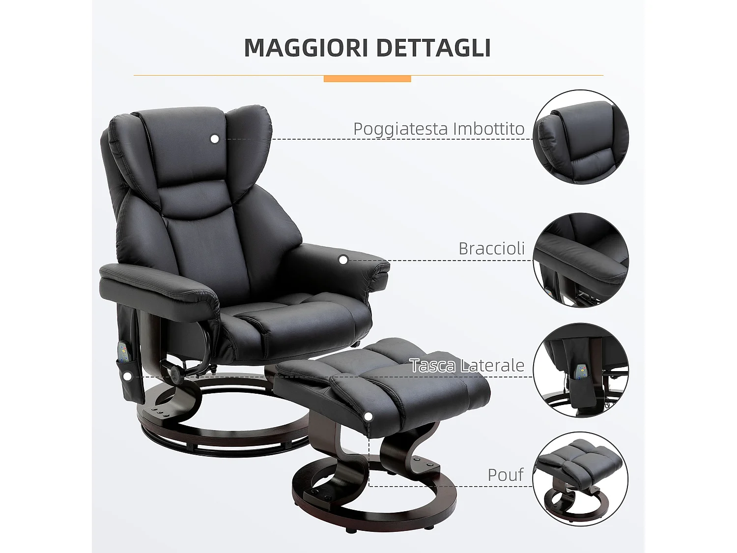 Poltrona massaggiante reclinabile e girevole con poggiapiedi nero