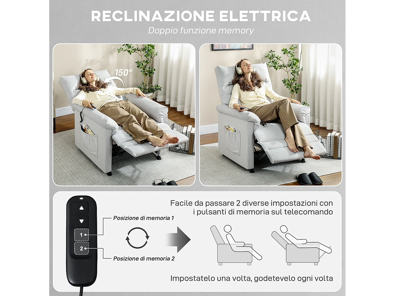 Poltrona relax reclinabile con riscaldamento e massaggio grigio
