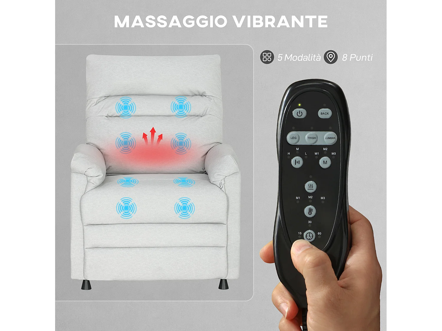 Poltrona relax reclinabile con riscaldamento e massaggio grigio