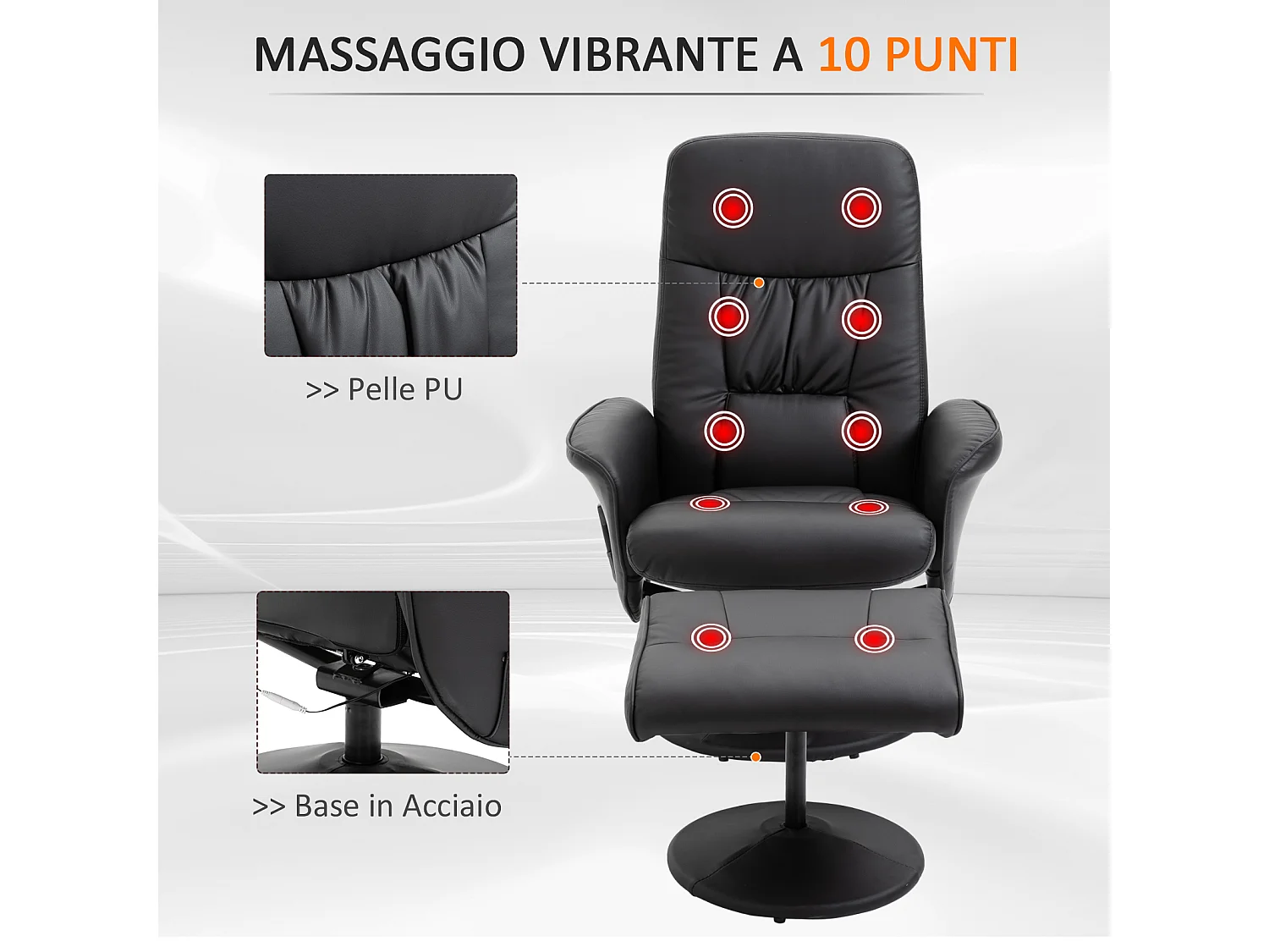 Poltrona massaggiante reclinabile con pouf poggiapiedi nero