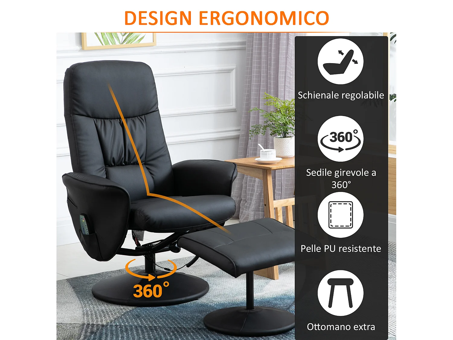 Poltrona massaggiante reclinabile con pouf poggiapiedi nero