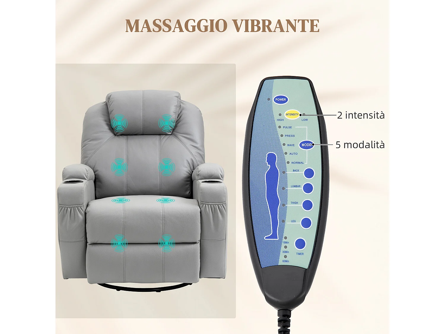 Poltrona massaggiante e reclinabile con poggiapiedi in pelle pu grigio