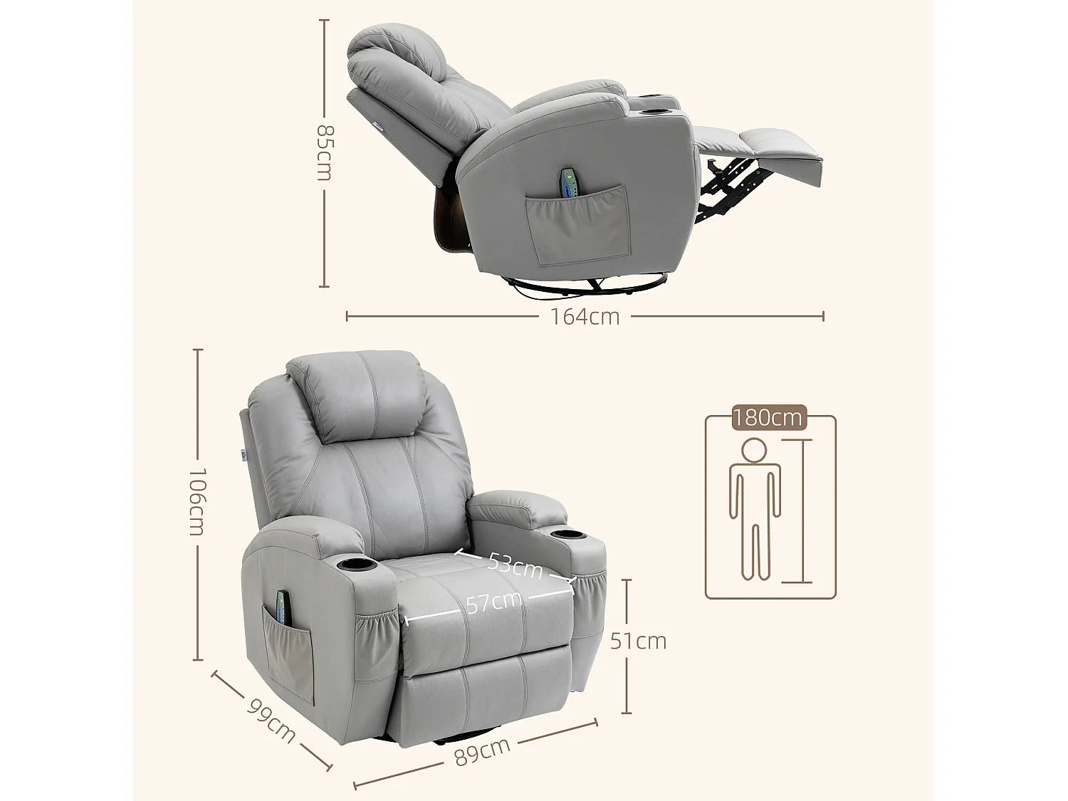 Poltrona massaggiante e reclinabile con poggiapiedi in pelle pu grigio