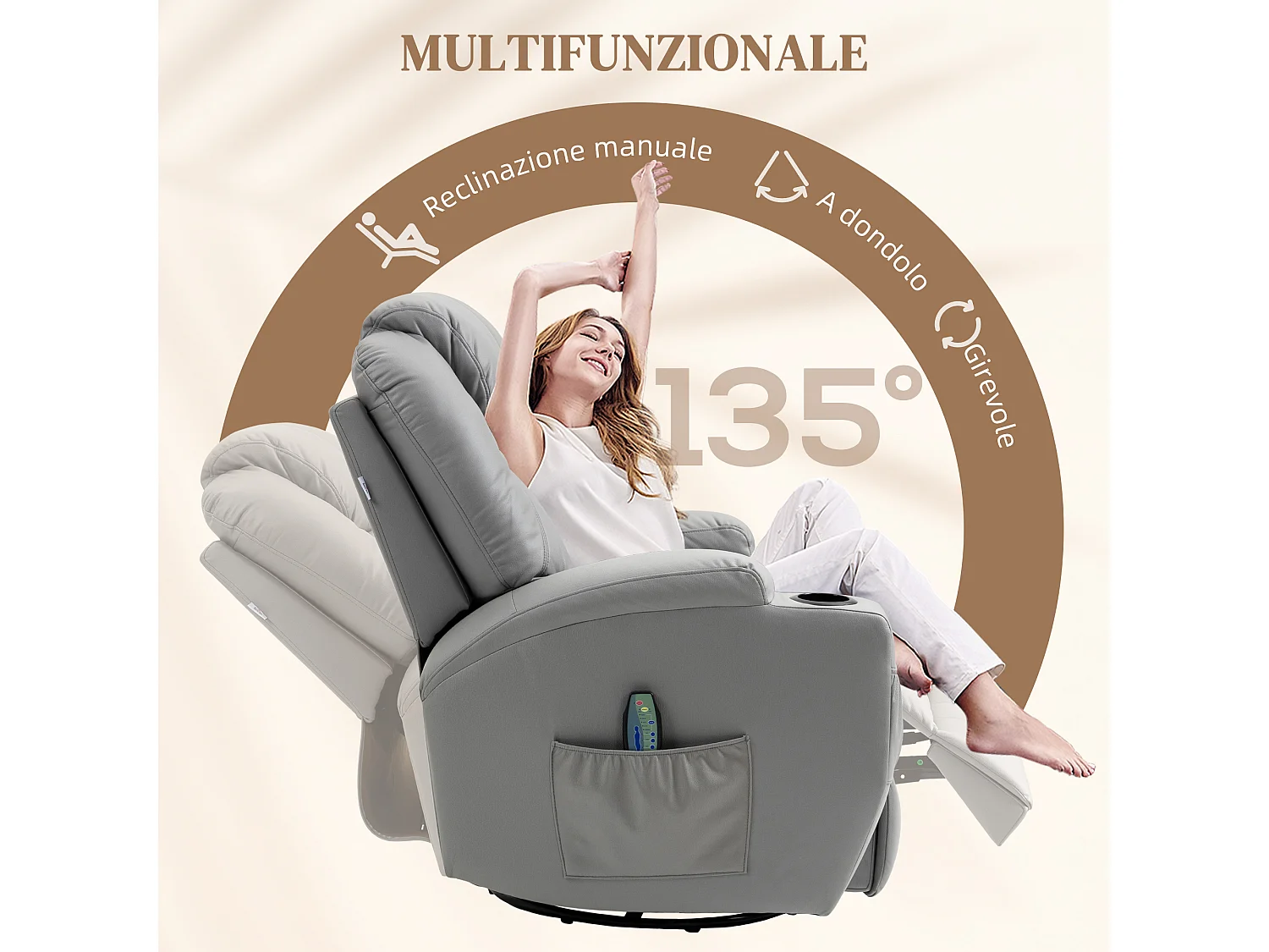 Poltrona massaggiante e reclinabile con poggiapiedi in pelle pu grigio