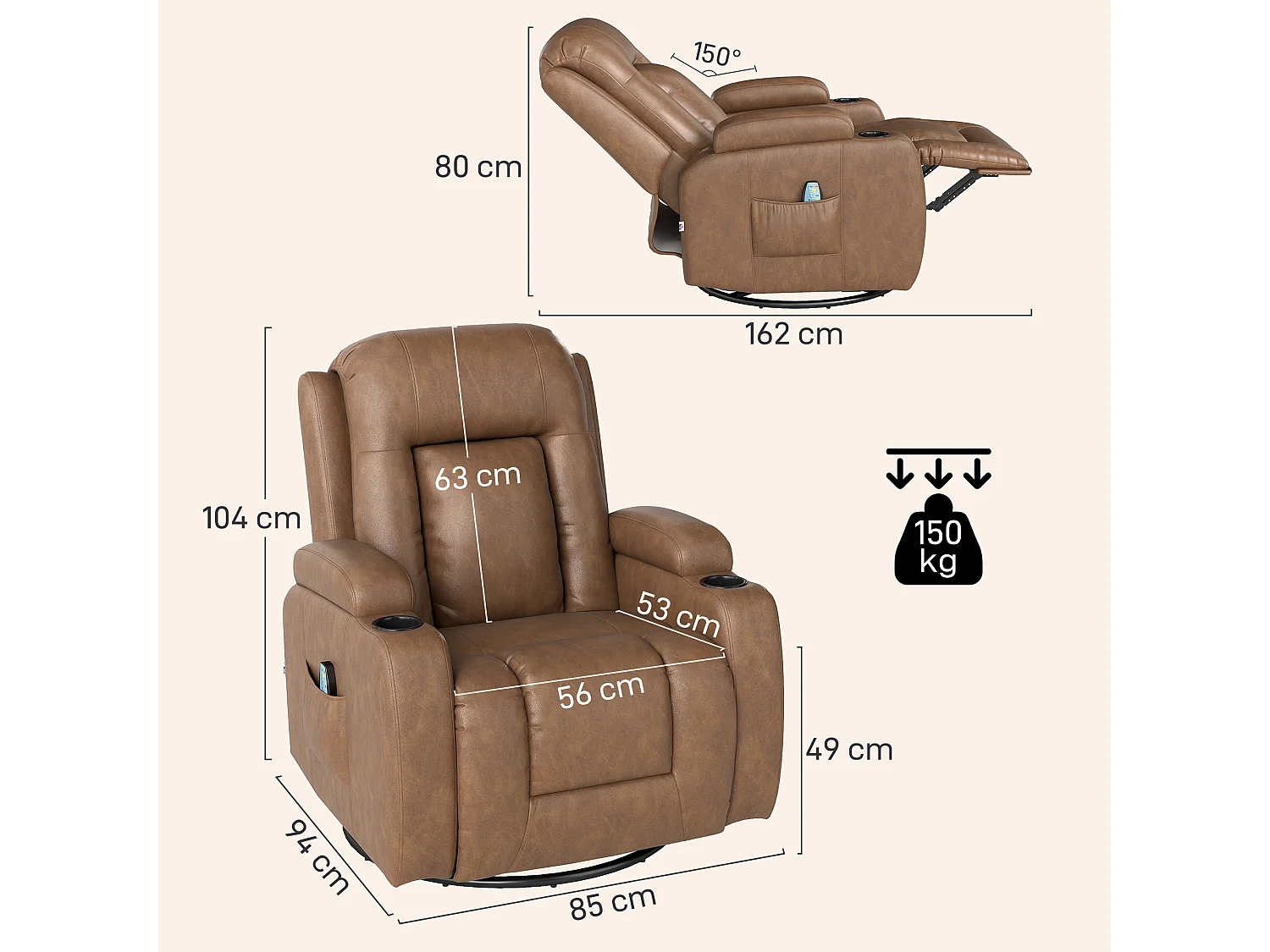 Poltrona relax reclinabile a 150° massaggiante e riscaldante marrone