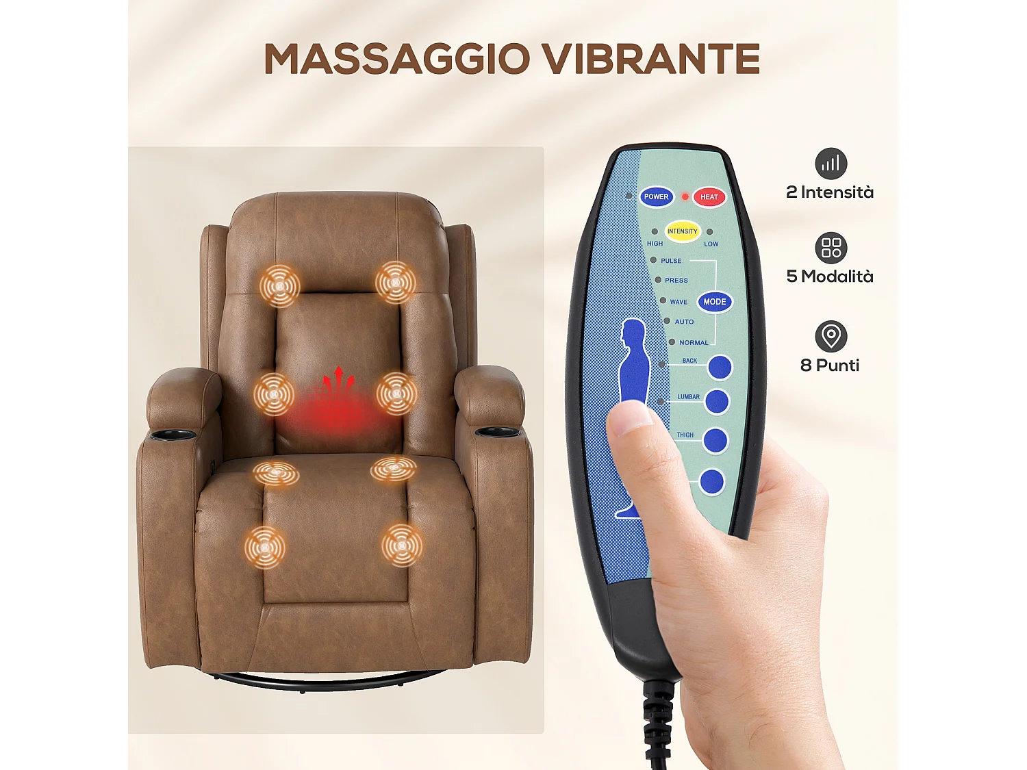 Poltrona relax reclinabile a 150° massaggiante e riscaldante marrone