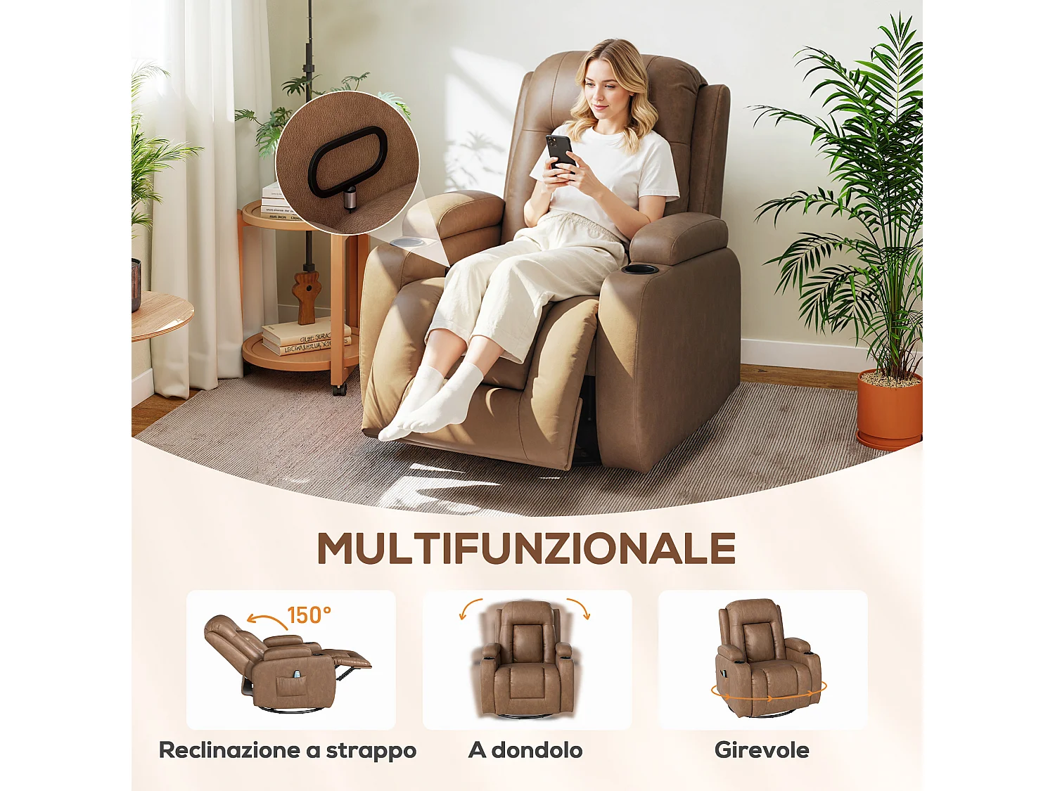 Poltrona relax reclinabile a 150° massaggiante e riscaldante marrone