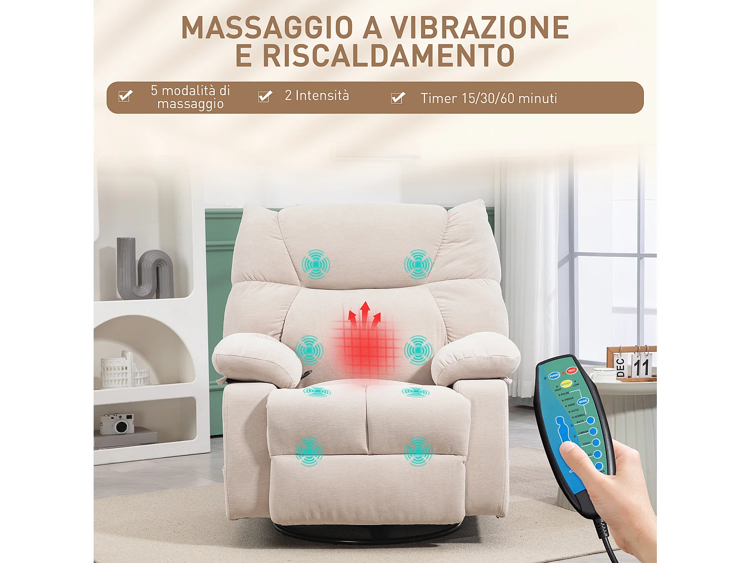 Poltrona reclinabile massaggiante e riscaldata con 5 programmi beige