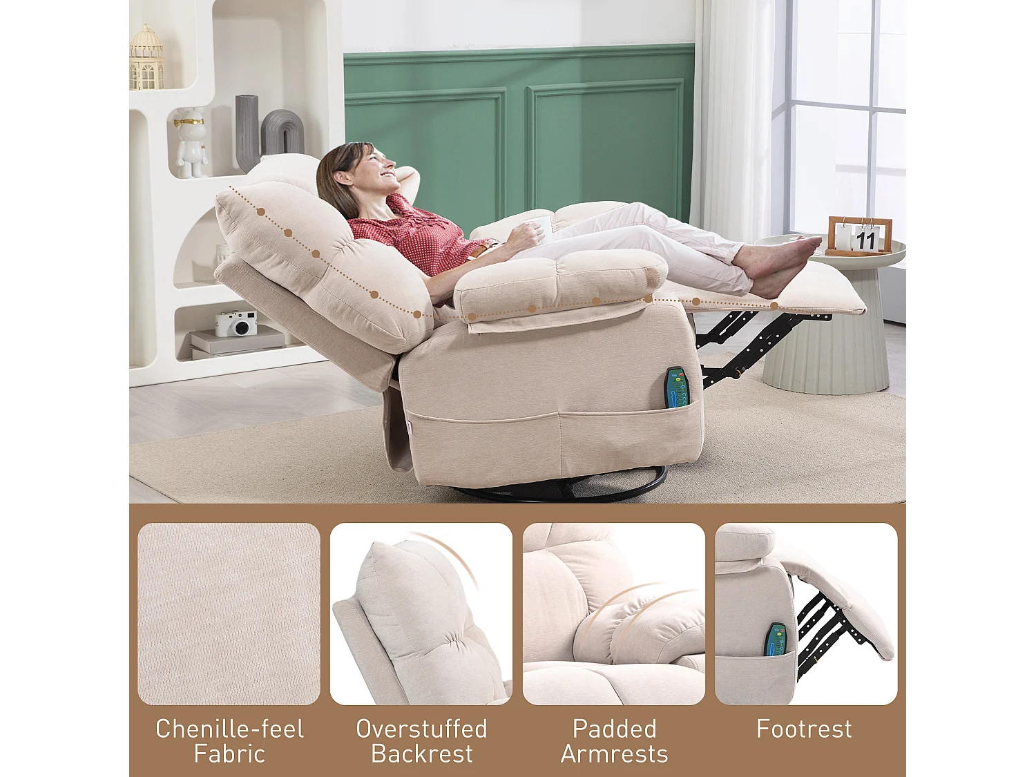 Poltrona reclinabile massaggiante e riscaldata con 5 programmi beige