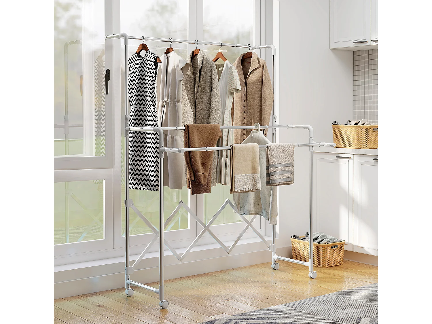 Stendibiancheria pieghevole con 3 barre regolabili e ruote in acciaio