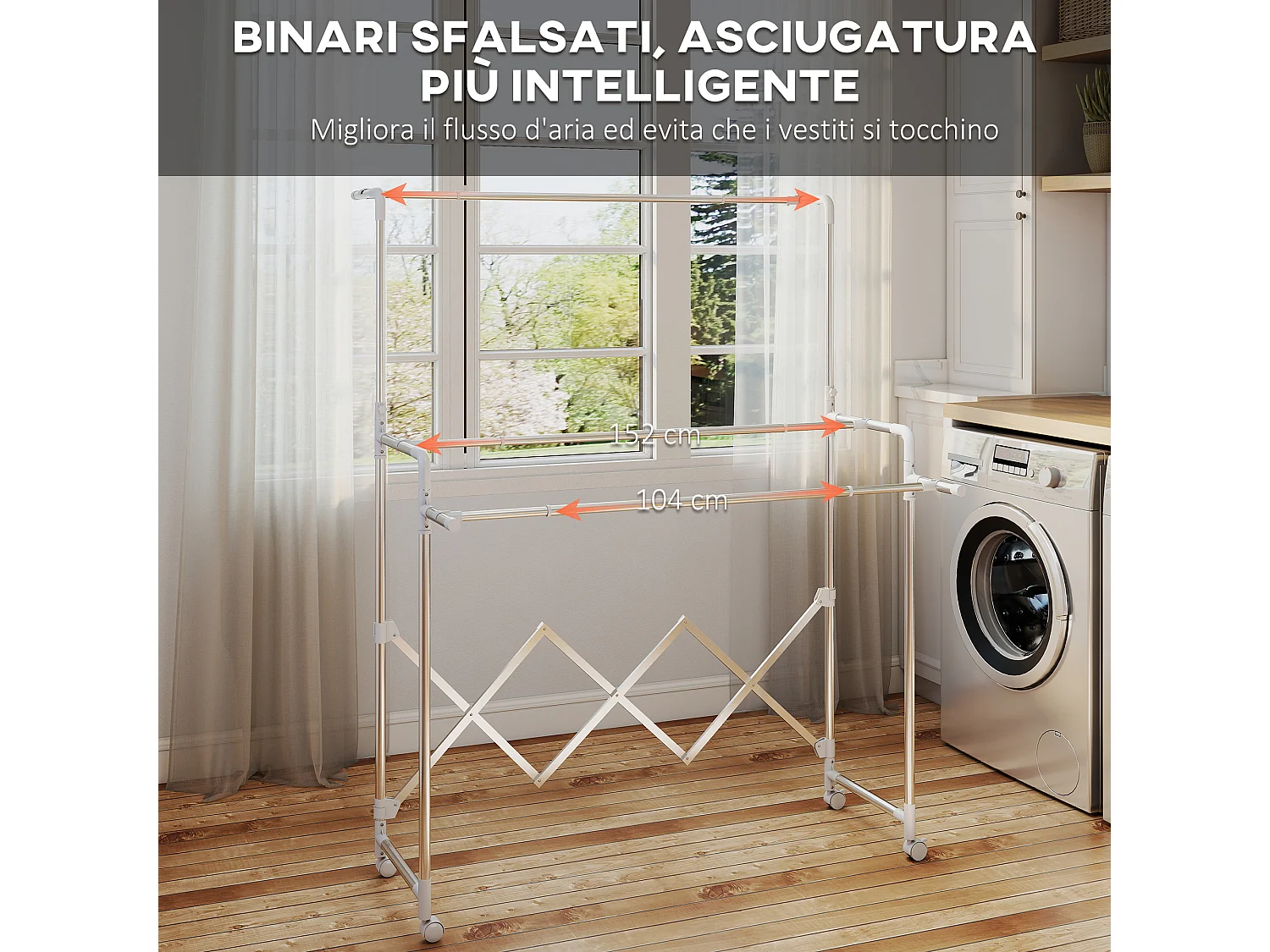 Stendibiancheria pieghevole con 3 barre regolabili e ruote in acciaio