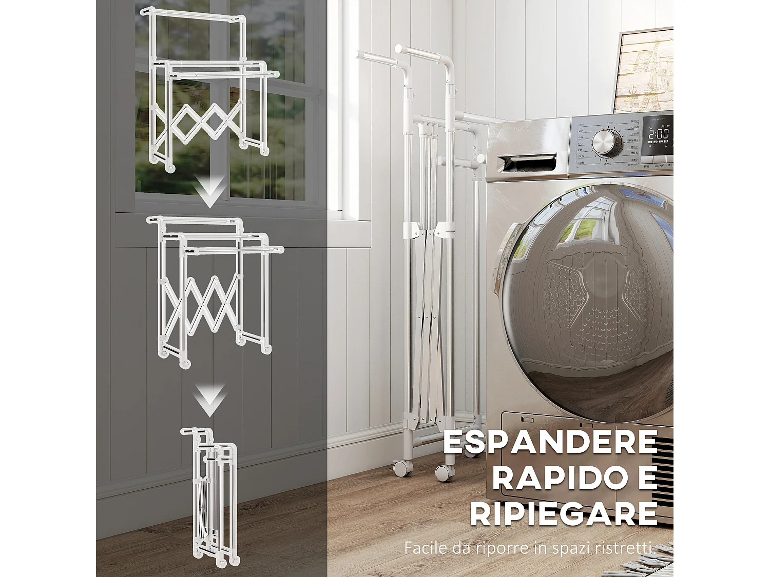 Stendibiancheria pieghevole con 3 barre regolabili e ruote in acciaio
