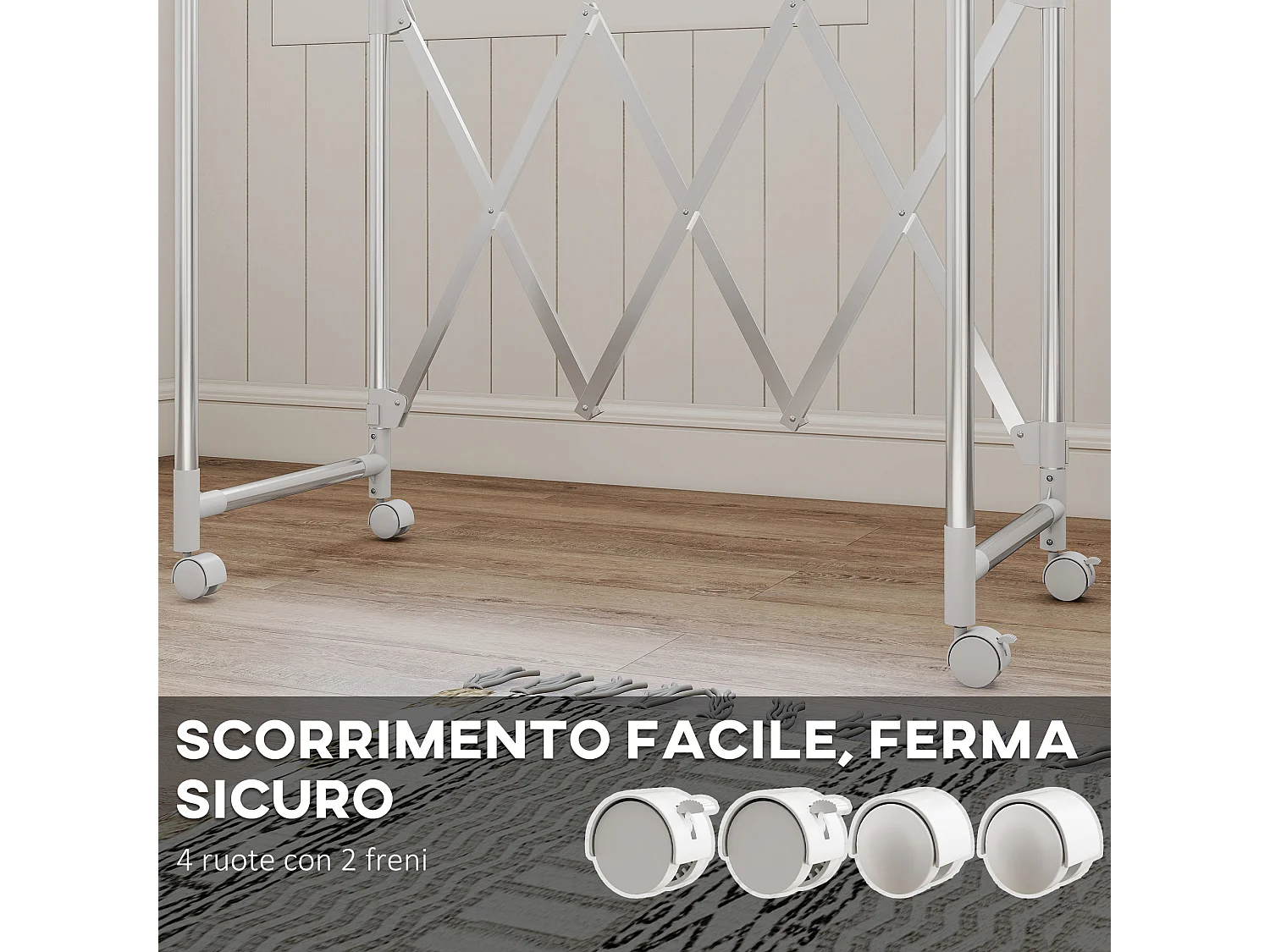 Stendibiancheria pieghevole con 3 barre regolabili e ruote in acciaio