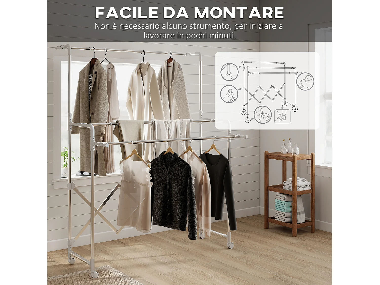 Stendibiancheria pieghevole con 3 barre regolabili e ruote in acciaio