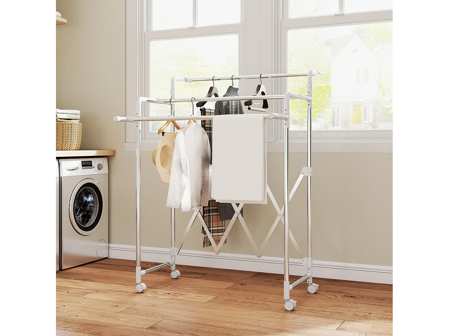 Stendibiancheria pieghevole con 3 barre regolabili e ruote in acciaio