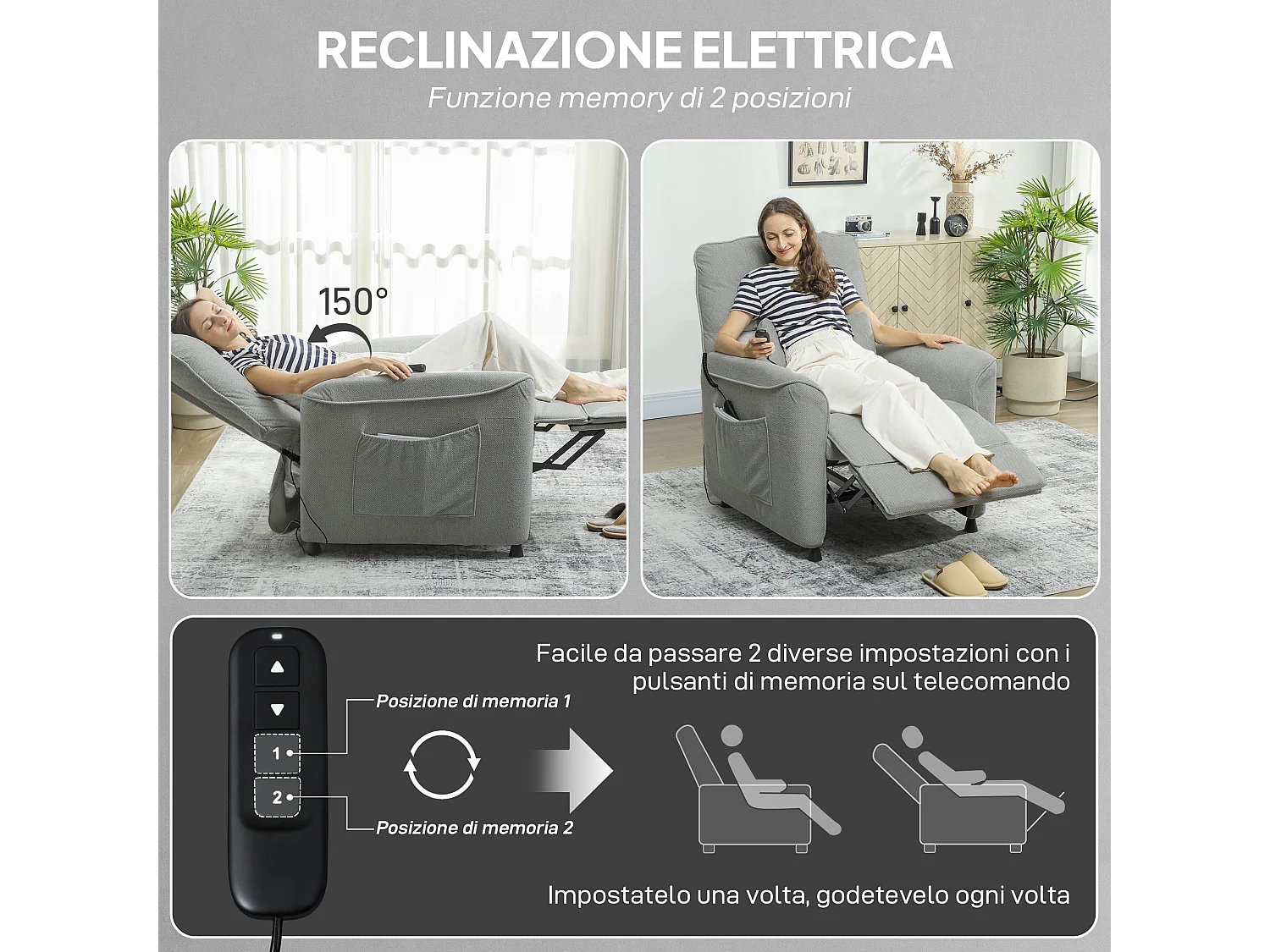 Poltrona reclinabile massaggiante riscaldata ciniglia grigio carbone