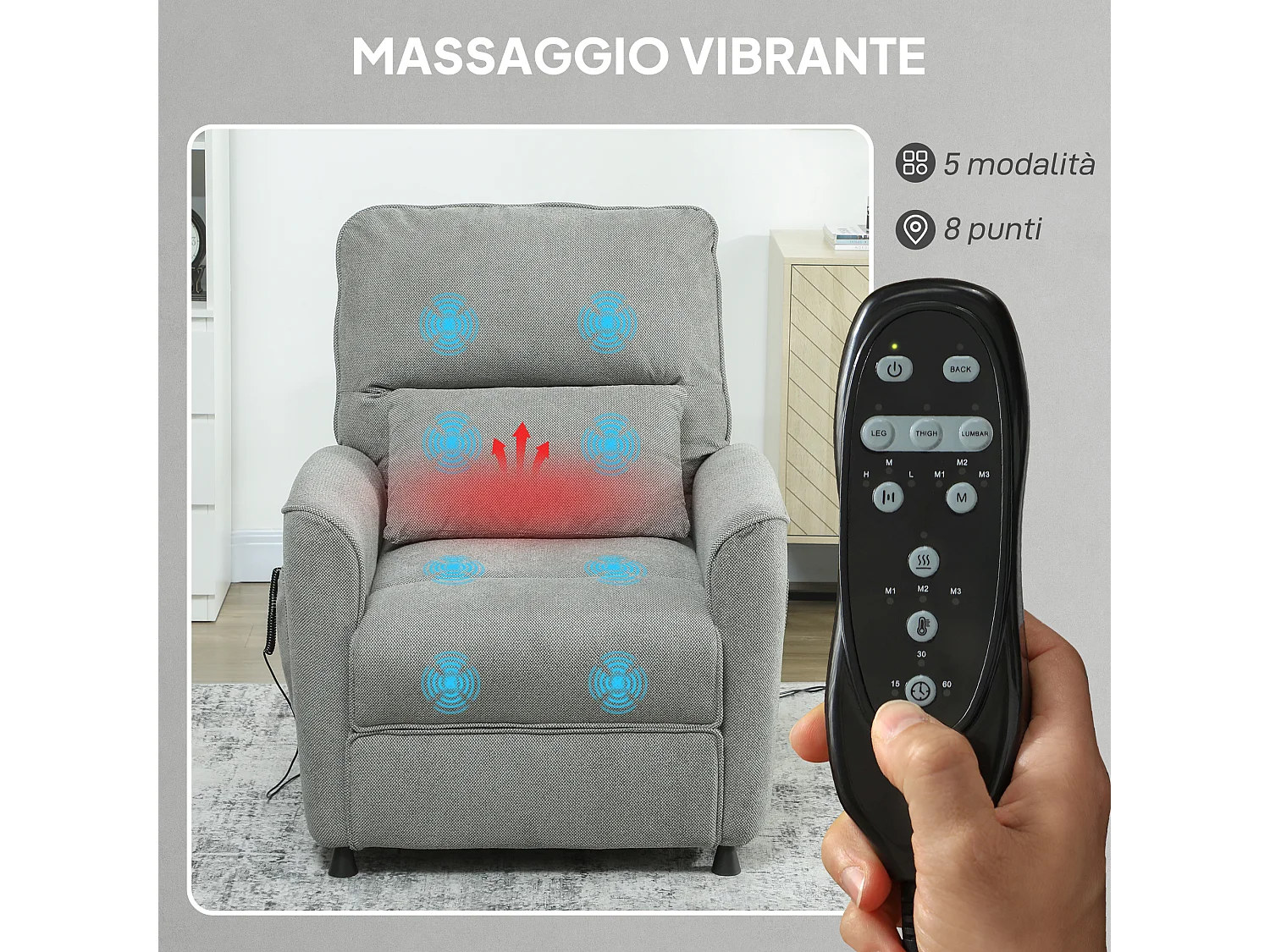 Poltrona reclinabile massaggiante riscaldata ciniglia grigio carbone