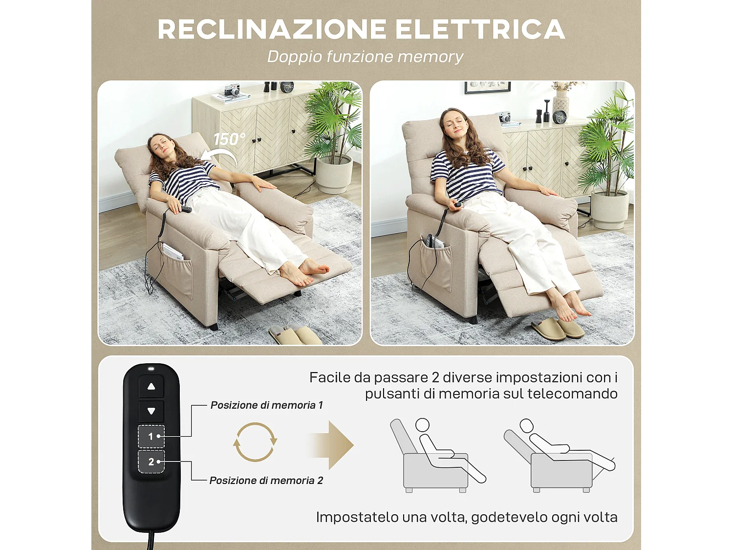 Poltrona relax reclinabile con riscaldamento e massaggio beige