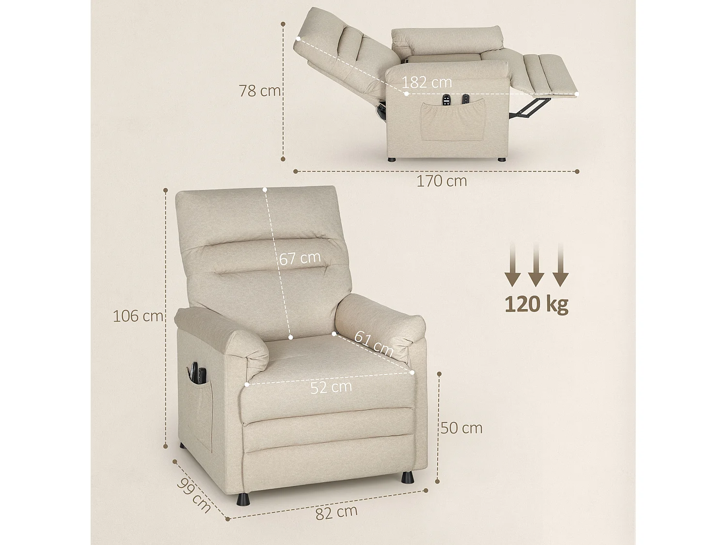 Poltrona relax reclinabile con riscaldamento e massaggio beige