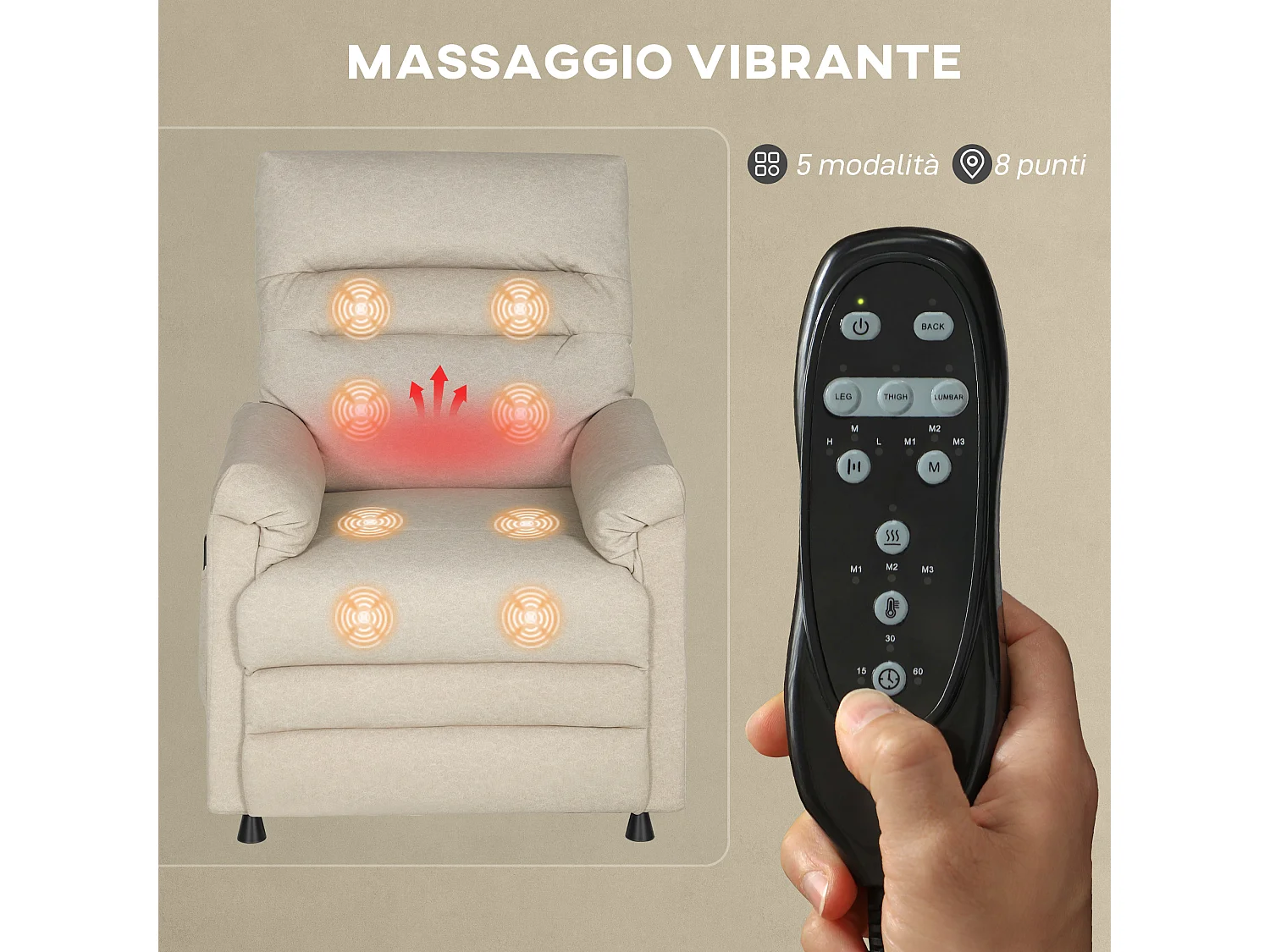 Poltrona relax reclinabile con riscaldamento e massaggio beige