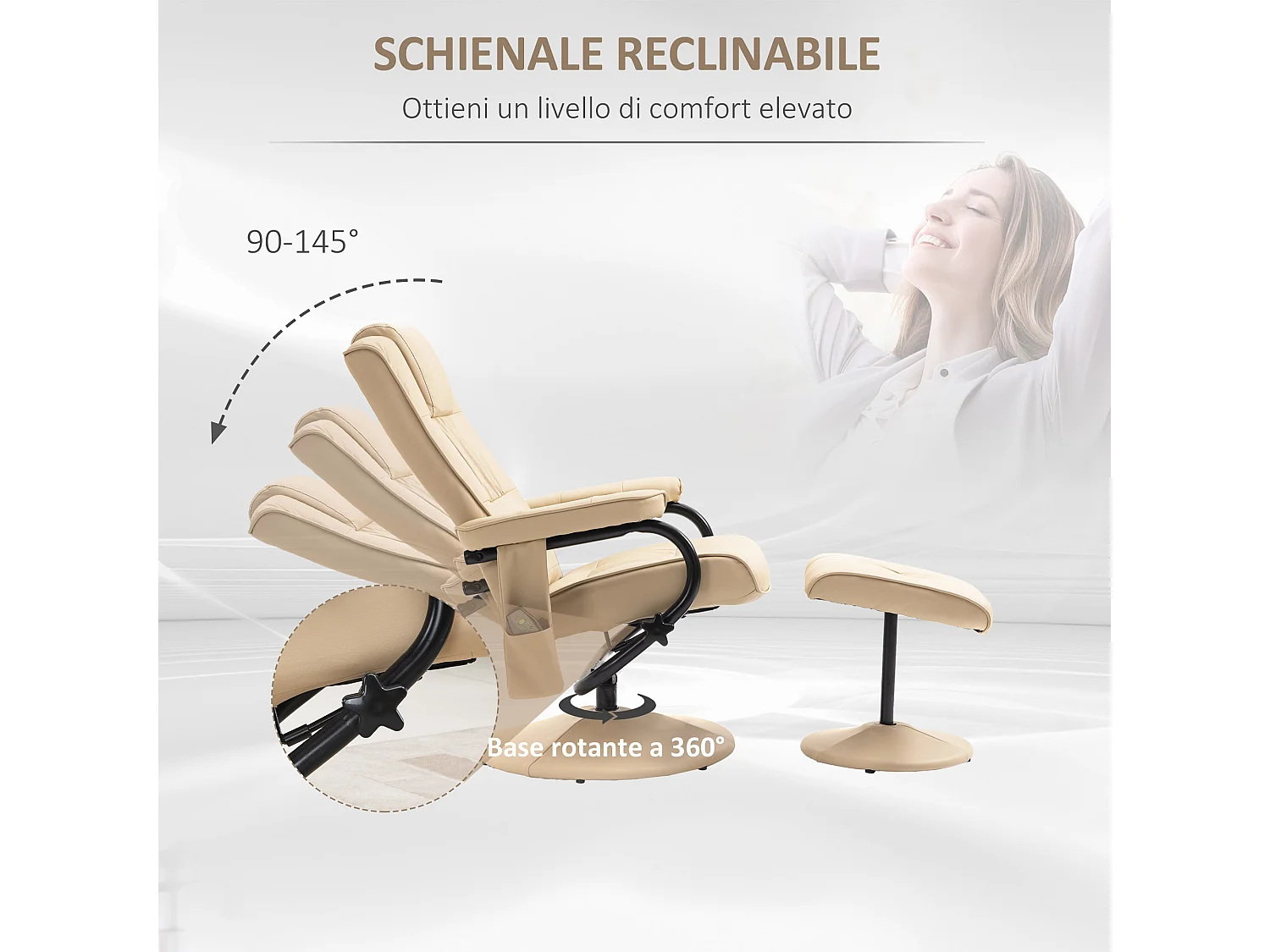 Poltrona massaggiante reclinabile a 145° con pouf e telecomando crema
