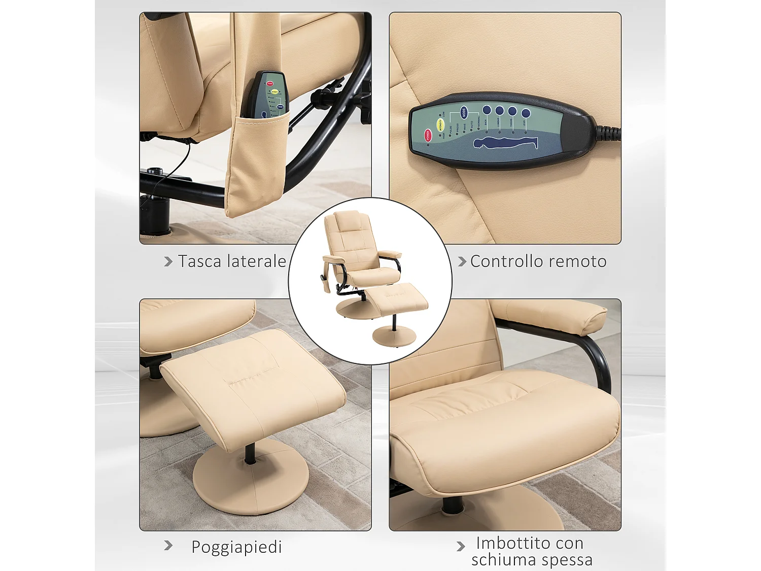 Poltrona massaggiante reclinabile a 145° con pouf e telecomando crema