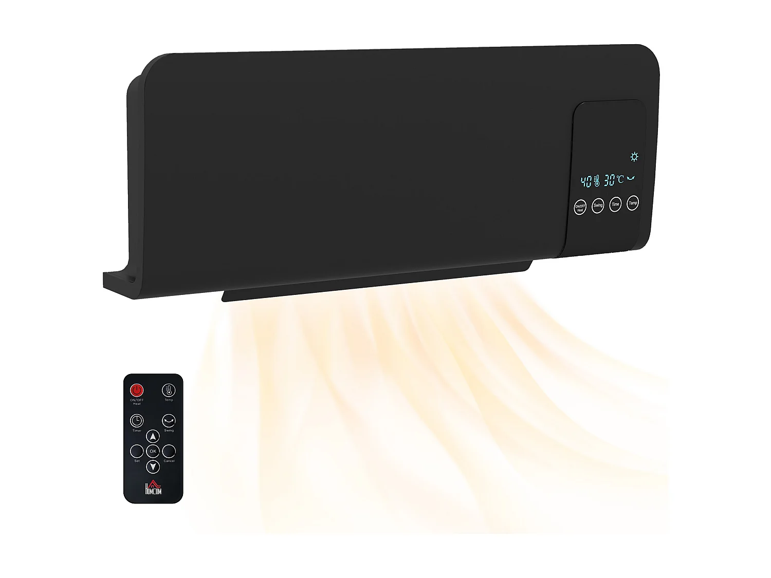 Termoventilatore parete nero timer 12h 2 modalità