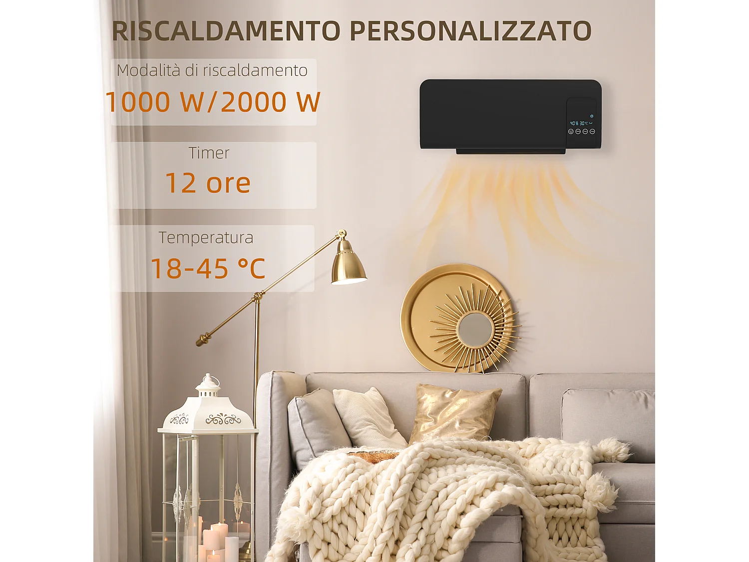 Termoventilatore parete nero timer 12h 2 modalità