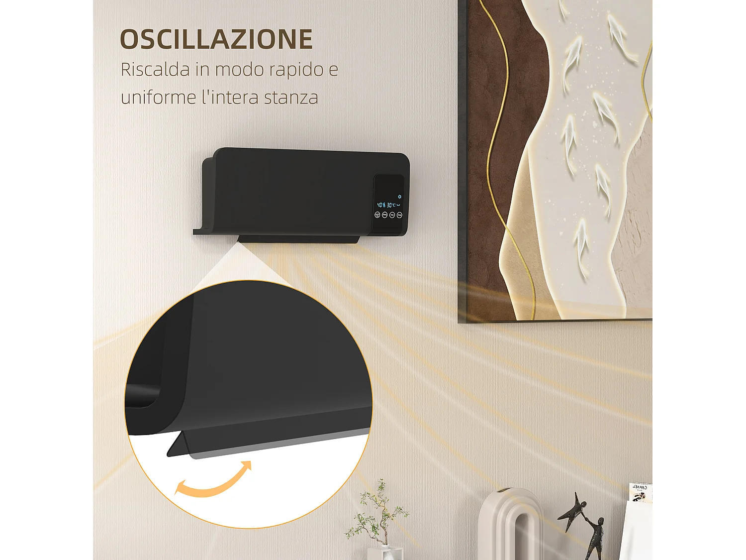 Termoventilatore parete nero timer 12h 2 modalità