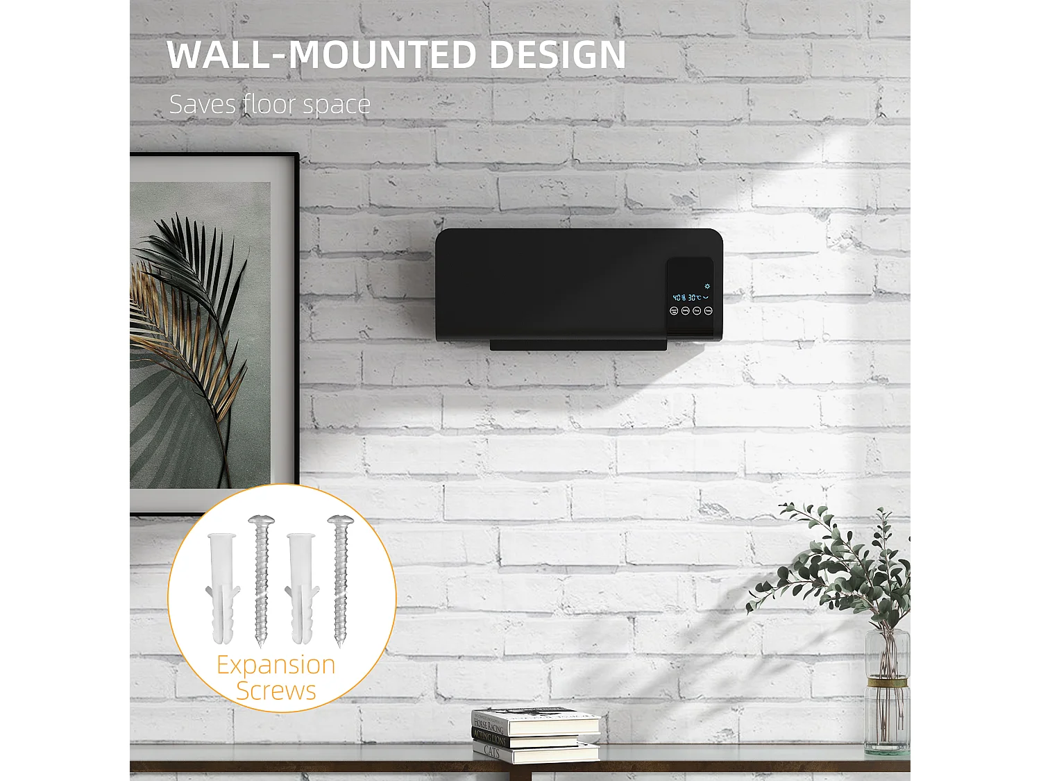 Termoventilatore parete nero timer 12h 2 modalità