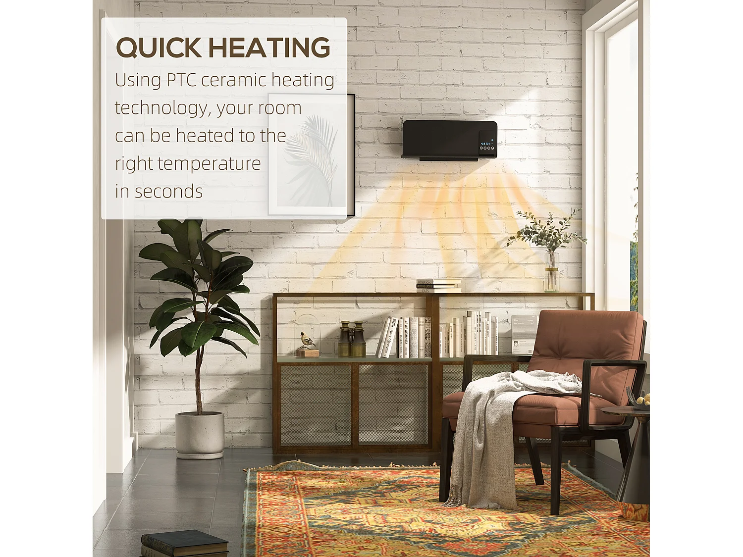 Termoventilatore parete nero timer 12h 2 modalità