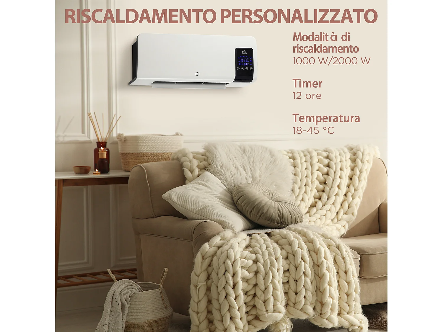 Termoventilatore da parete con timer 12h e telecomando bianco