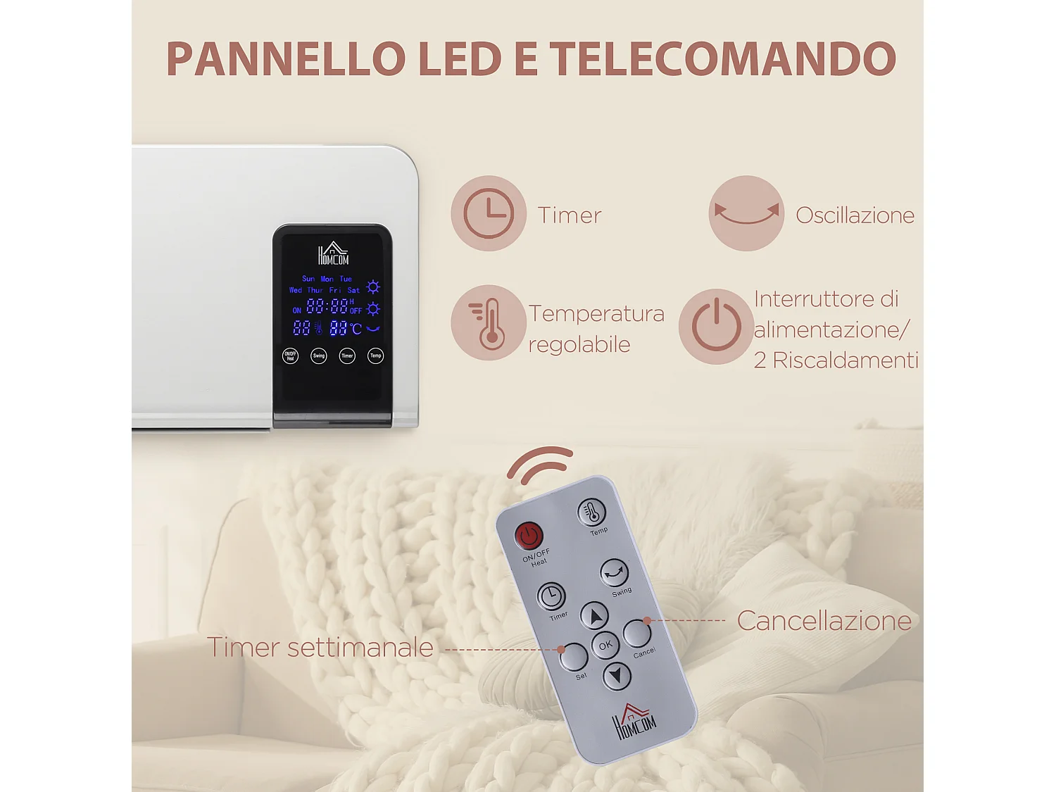 Termoventilatore da parete con timer 12h e telecomando bianco