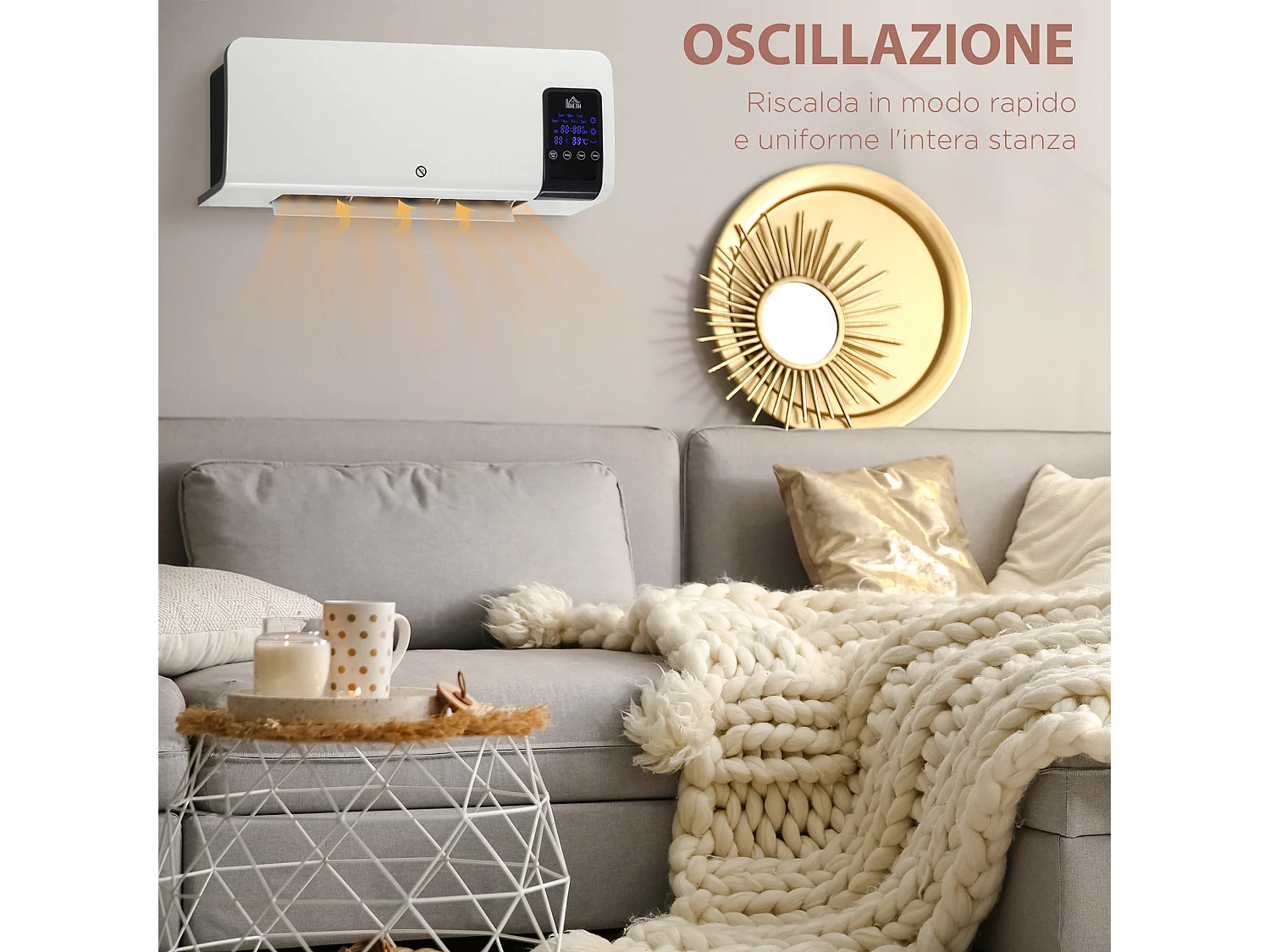 Termoventilatore da parete con timer 12h e telecomando bianco