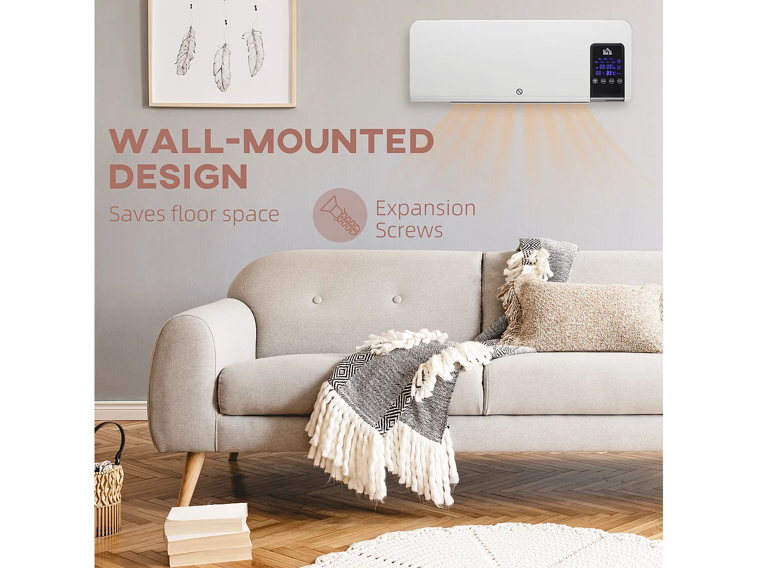 Termoventilatore da parete con timer 12h e telecomando bianco