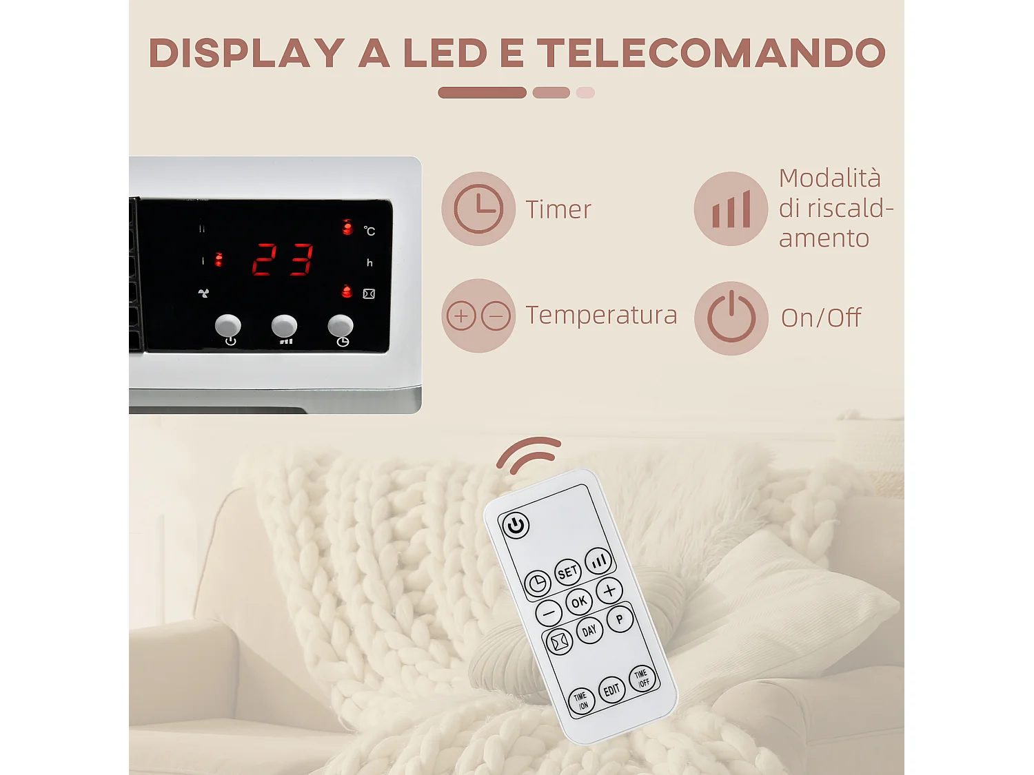 Stufa ceramica a muro con telecomando timer temperatura 10-49°c