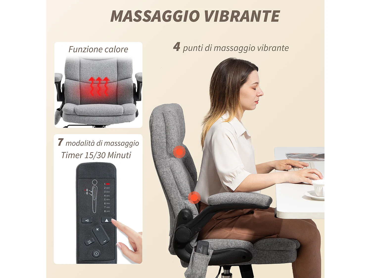 Poltrona da ufficio massaggiante e riscaldata in tessuto grigio