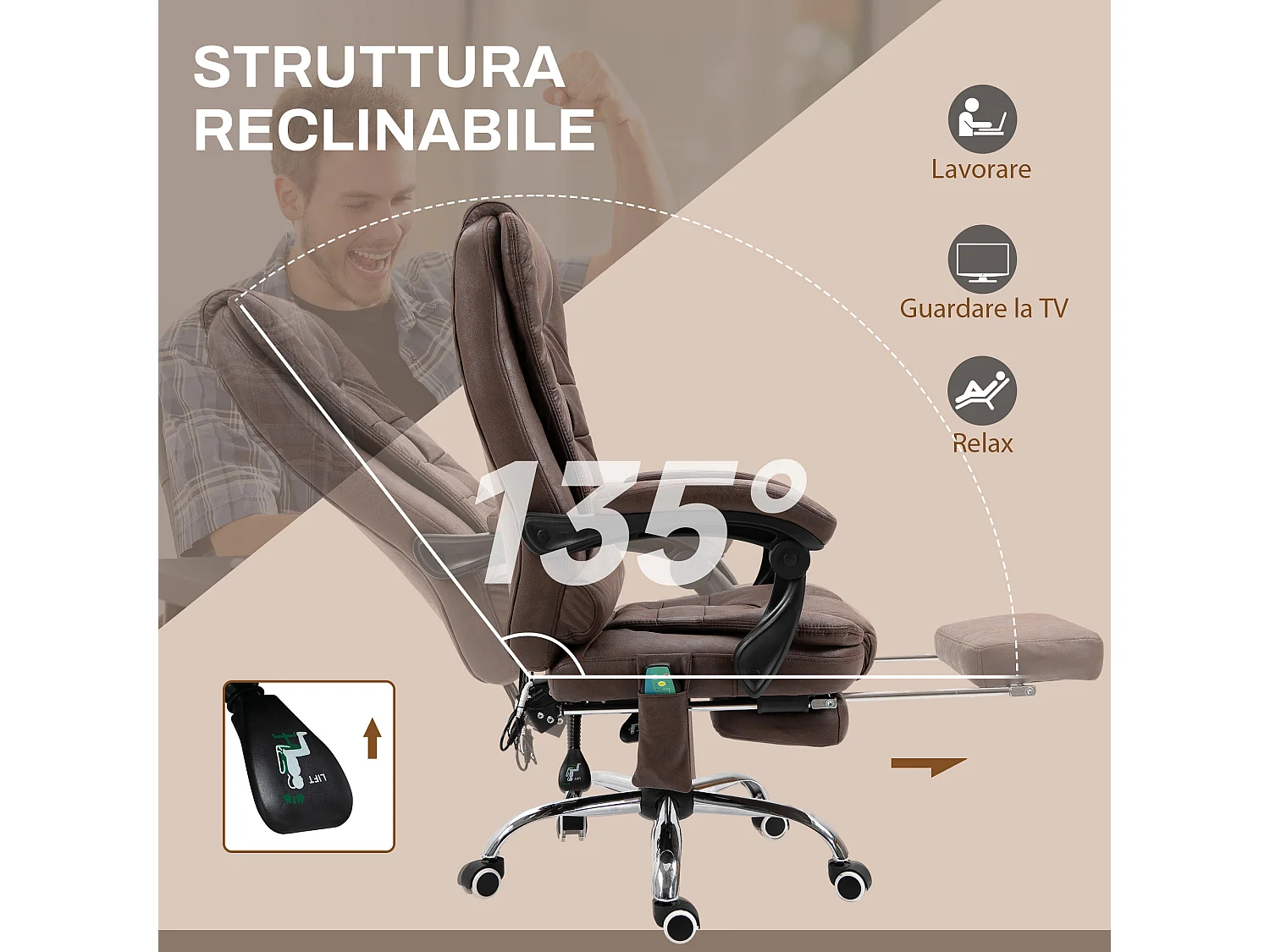 Poltrona da ufficio reclinabile con 6 punti di massaggio marrone