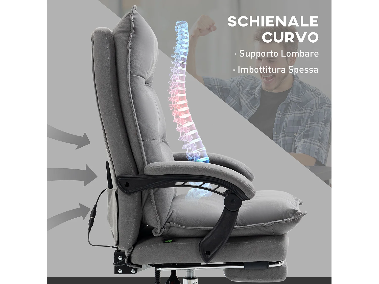 Poltrona da ufficio massaggiante riscaldata con poggiapiedi grigio