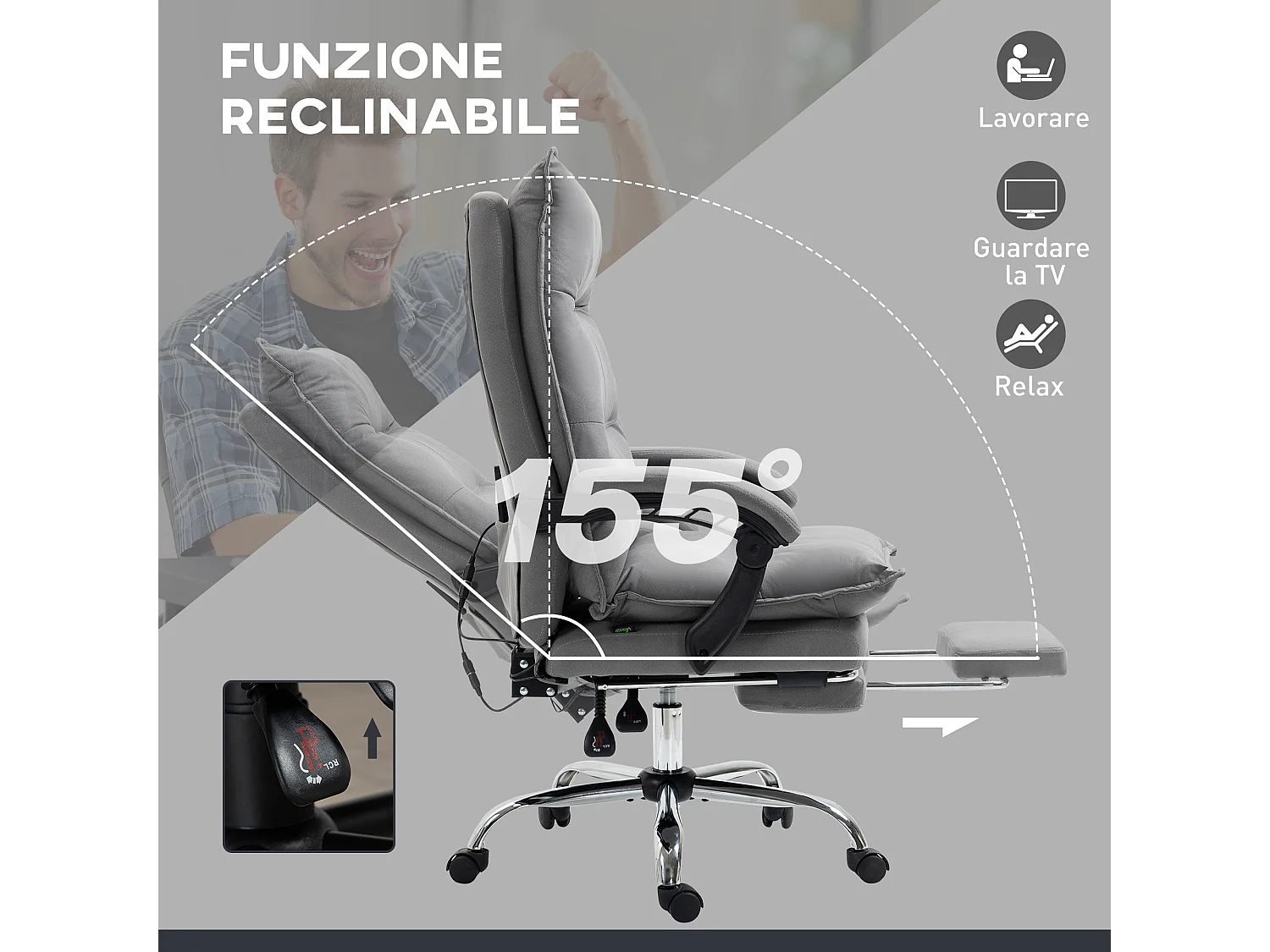 Poltrona da ufficio massaggiante riscaldata con poggiapiedi grigio