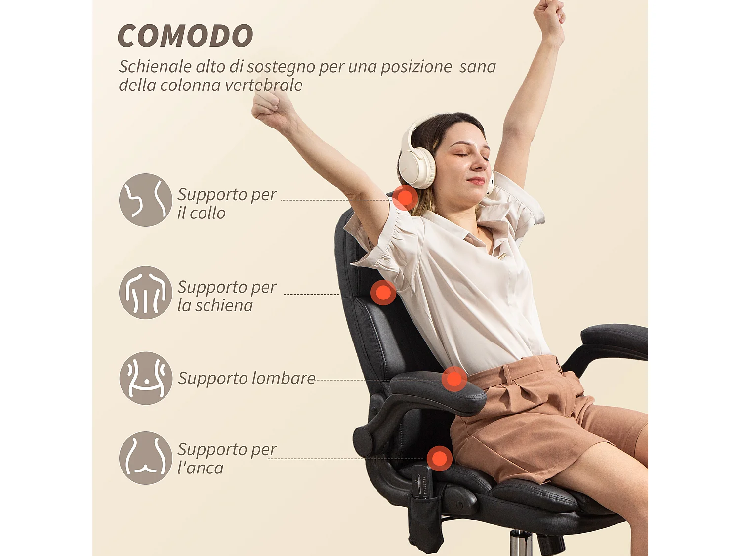 Poltrona da ufficio massaggiante e riscaldata in pelle pu nero