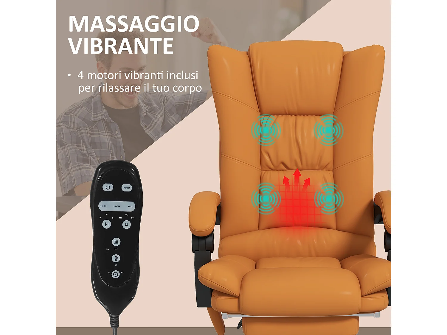 Poltrona da ufficio massaggiante e riscaldata in finta pelle marrone