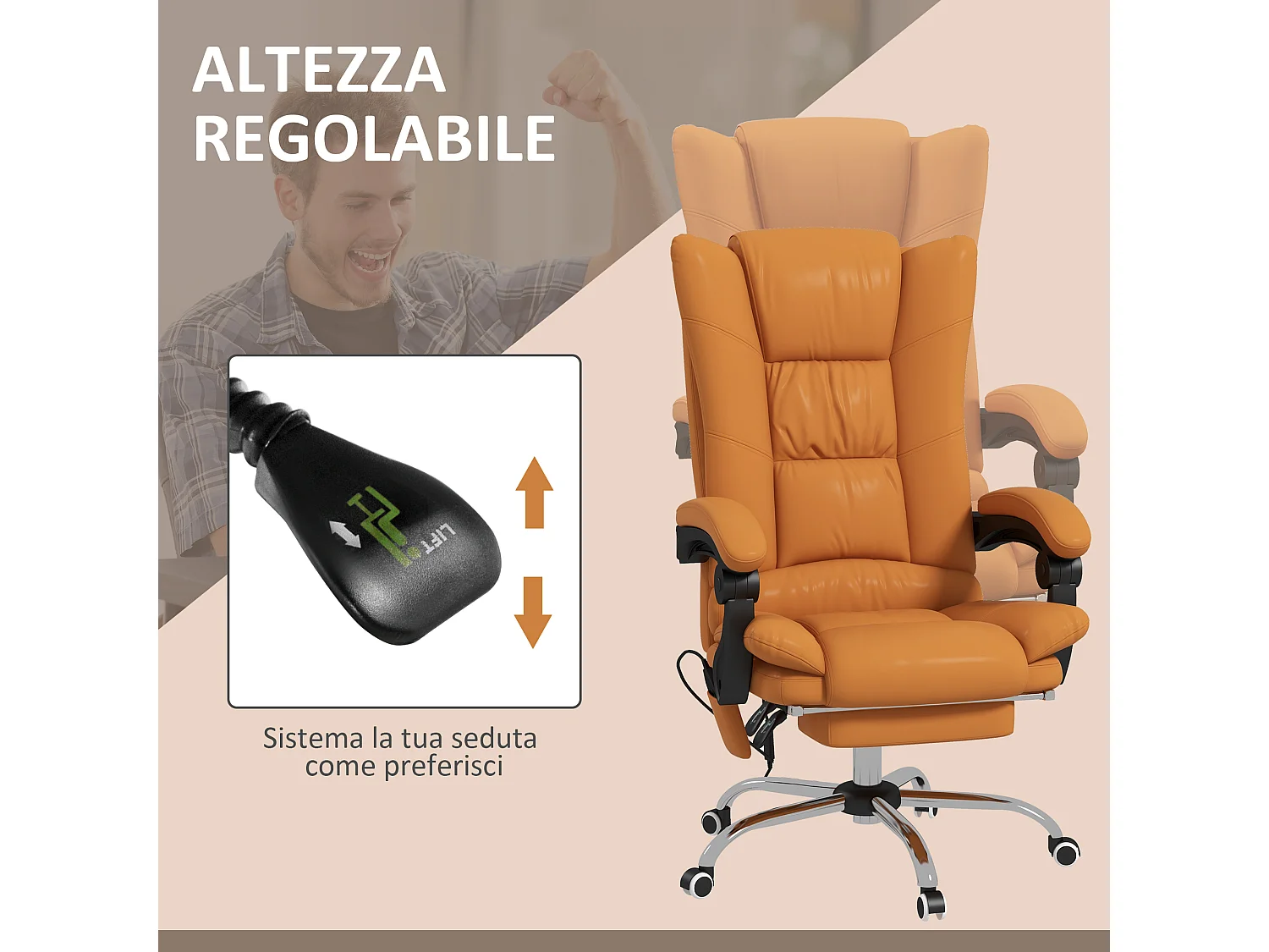 Poltrona da ufficio massaggiante e riscaldata in finta pelle marrone