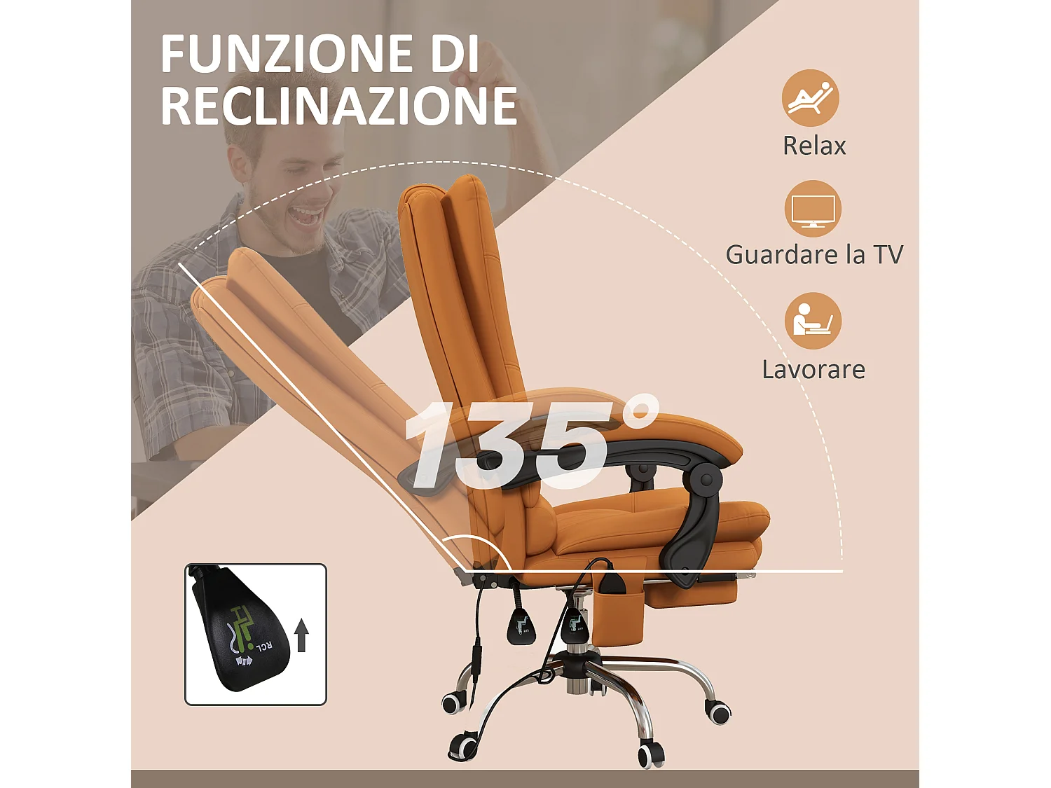 Poltrona da ufficio massaggiante e riscaldata in finta pelle marrone