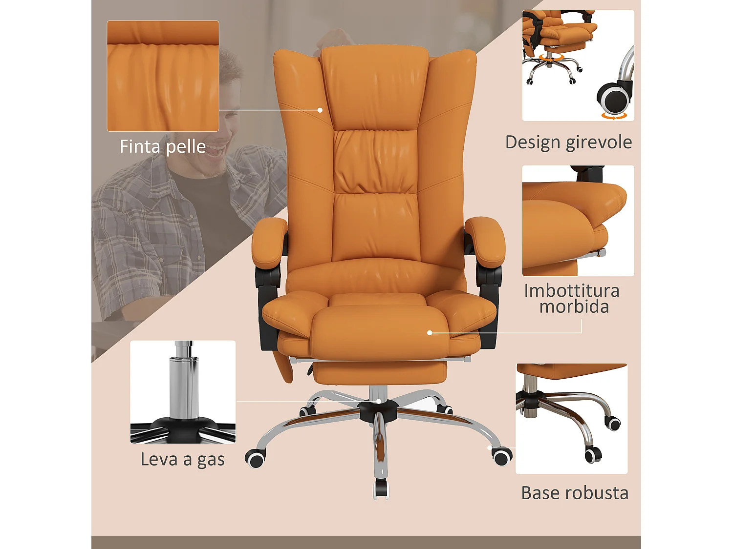 Poltrona da ufficio massaggiante e riscaldata in finta pelle marrone