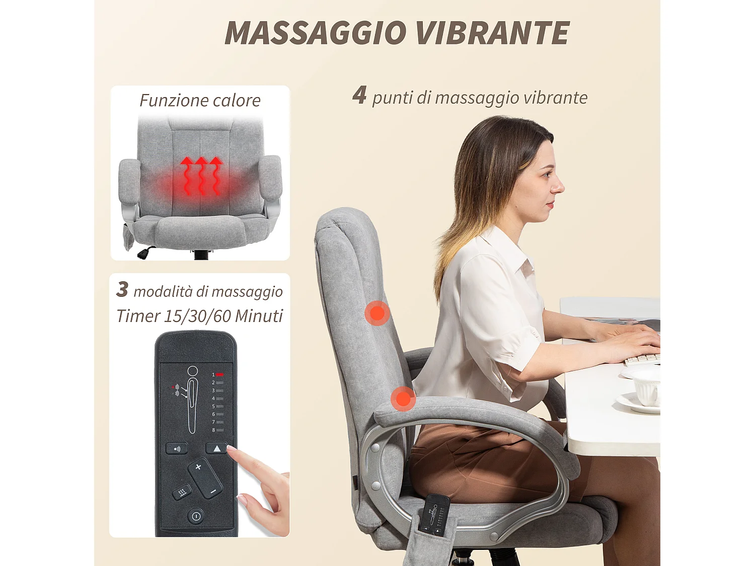 Poltrona da ufficio massaggiante e riscaldata con braccioli grigio